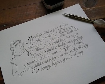 Monday's Child poem in Hand Callligraphy