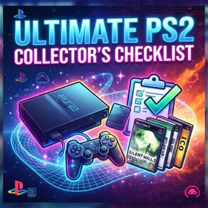 Może przedstawiać: Cyfrowa grafika zatytułowana ULTIMATE PS2 COLLECTOR'S CHECKLIST przedstawiająca czarną konsolę PlayStation 2, przewodowy kontroler, kartę pamięci, podkładkę z zielonym znacznikiem oraz kilka pudełek z grami, w tym Silent Hill 2 i Ico.