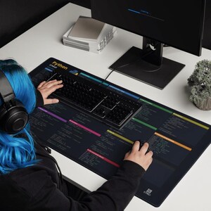 May include: A large black desk mat featuring a Python cheat sheet with colorful code snippets and syntax guides. The mat displays the text Python Cheat and includes various programming sections organized by color-coded blocks on a dark background.