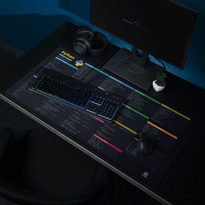 May include: A black desk mat featuring a Python Cheat Sheet with colorful code snippets and syntax guides. The mat is placed under a black mechanical keyboard with blue backlighting, a black computer mouse, and a pair of black over-ear headphones.