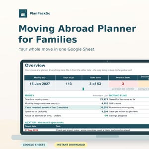 Könnte beinhalten: Ein digitaler Umzugsplaner für Familien als Google Sheet auf einem Laptop-Bildschirm. Die Benutzeroberfläche zeigt ein Übersichts-Dashboard mit Abschnitten für Umzugstag, Aufgaben, Finanzen und ein Umzugsbudget mit Text und Zahlen.