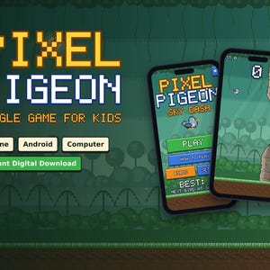 以下が含まれることがあります： 2台のスマートフォンにピクセルアートゲーム「Pixel Pigeon Jungle Game for Kids」が表示されています。画面には青い鳥のキャラクター、プレイボタン、ゲームメニューがあります。テキストにはPixel Pigeon、Sky Dash、iPhone、Android、Computer、Instant Digital Downloadが含まれています。