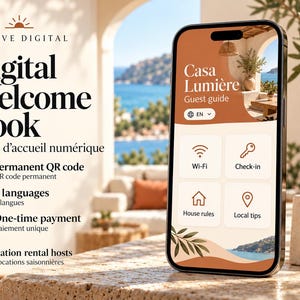 Op de afbeelding: Een smartphone toont een digitaal welkomstboek met de titel Casa Lumière en iconen voor wifi, inchecken, huisregels en lokale tips. Naast de telefoon staat een klein vierkant blokje met een QR-code en een zonlogo.