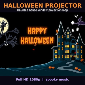 Op de afbeelding: Een digitaal Halloween-projectorbestand met een spookhuis, een volle maan, een heks op een bezemsteel en geesten. De tekst luidt HALLOWEEN PROJECTOR, Haunted house window projection loop, HAPPY HALLOWEEN, Full HD 1080p | spooky music.