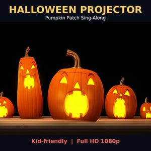 May include: A Halloween projector labeled Pumpkin Patch Sing-Along, Kid-friendly, and Full HD 1080p. The display features five orange jack-o'-lanterns of varying shapes and sizes with glowing yellow carved faces against a dark background.
