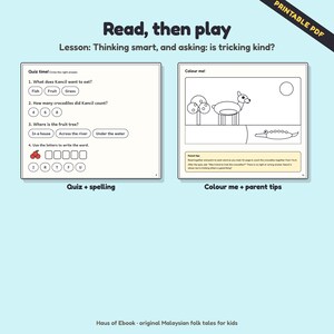 May include: A printable PDF educational activity sheet titled Read, then play. The left page features a quiz about Kancil with multiple-choice questions and a spelling task. The right page includes a coloring section with a deer and crocodile.
