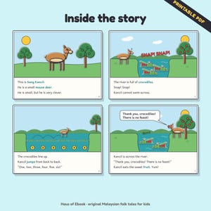 May include: A printable PDF storybook page titled Inside the story featuring four illustrated panels about a mouse deer named Sang Kancil. The panels show the deer interacting with crocodiles in a river, with text narrating the tale in English.
