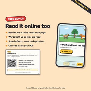 Puede incluir: Una visualizaci&oacute;n de producto digital con un PDF imprimible, una pantalla de tableta que muestra la historia Sang Kancil and the Tiger y una tarjeta de bonificaci&oacute;n con un c&oacute;digo QR. El texto incluye Read it online too, Read to me y la URL hausofebook.com/read/kancil-harimau.