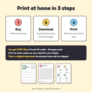 May include: A digital download guide with three steps: Buy, Download, and Print. It includes two PDF files in A4 and US Letter sizes, totalling 64 pages each. Three sample activity sheets show letter tracing, letter finding, and vocabulary illustrations.