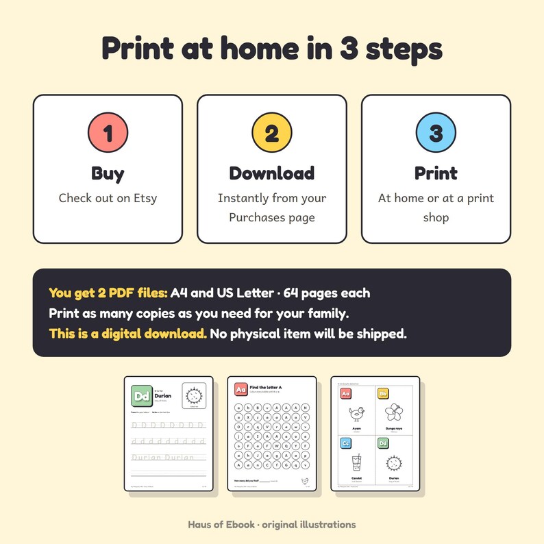 May include: A digital download guide with three steps: Buy, Download, and Print. It includes two PDF files in A4 and US Letter sizes, totalling 64 pages each. Three sample activity sheets show letter tracing, letter finding, and vocabulary illustrations.