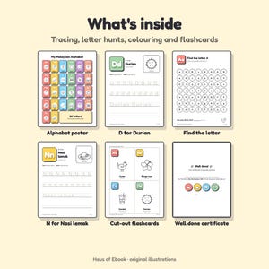 May include: A collection of educational activity sheets titled What's inside, featuring an alphabet poster, tracing pages for letters D and N, a letter hunt worksheet, cut-out flashcards, and a Well done certificate with colourful illustrations.