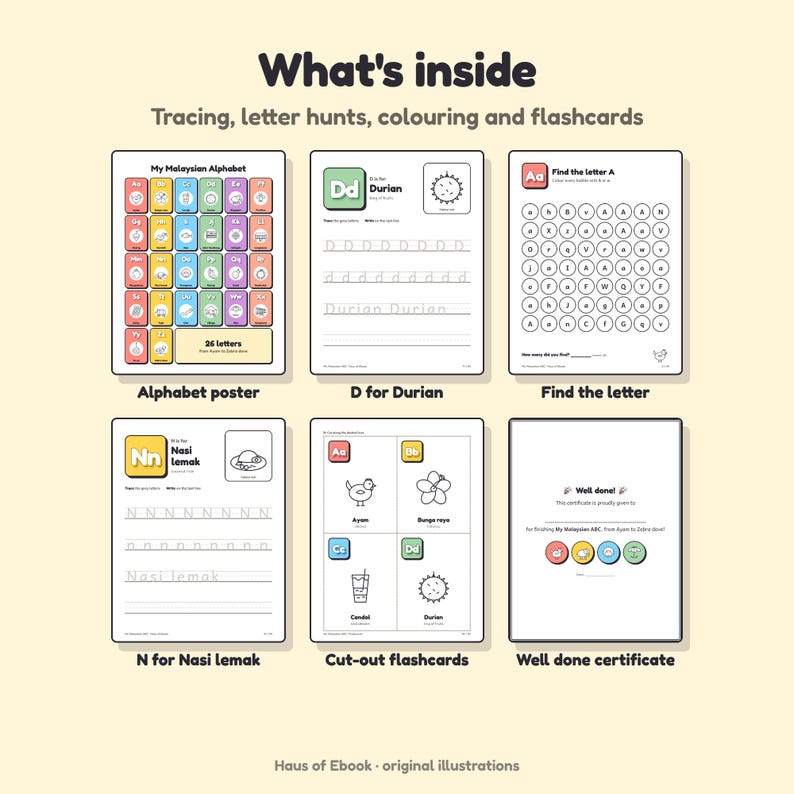 May include: A collection of educational activity sheets titled What's inside, featuring an alphabet poster, tracing pages for letters D and N, a letter hunt worksheet, cut-out flashcards, and a Well done certificate with colourful illustrations.