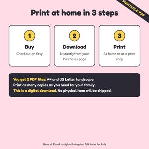 May include: An instructional graphic on a light pink background titled Print at home in 3 steps. It features three white boxes with yellow circles numbered 1, 2, and 3, detailing the process to buy, download, and print a digital file from Etsy.