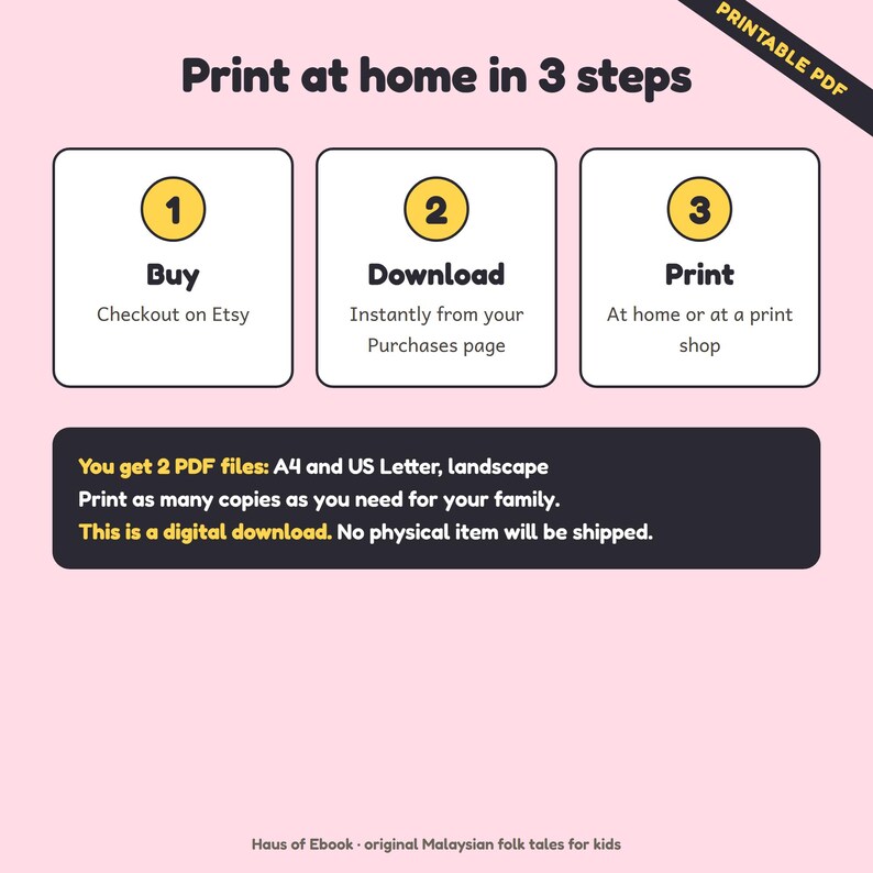 May include: An instructional graphic on a light pink background titled Print at home in 3 steps. It features three white boxes with yellow circles numbered 1, 2, and 3, detailing the process to buy, download, and print a digital file from Etsy.