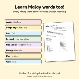May include: An educational page titled Learn Malay words too! featuring a list of Malay words with English translations in coloured rectangular boxes, alongside a white sheet titled Hello, parents! detailing book activities and a word list.