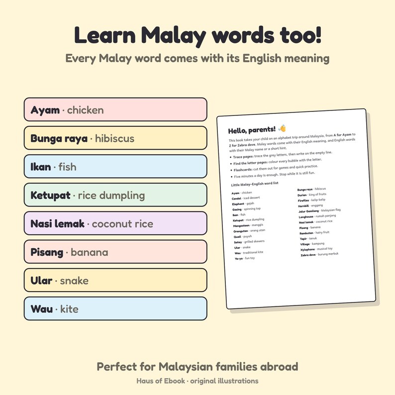 May include: An educational page titled Learn Malay words too! featuring a list of Malay words with English translations in coloured rectangular boxes, alongside a white sheet titled Hello, parents! detailing book activities and a word list.