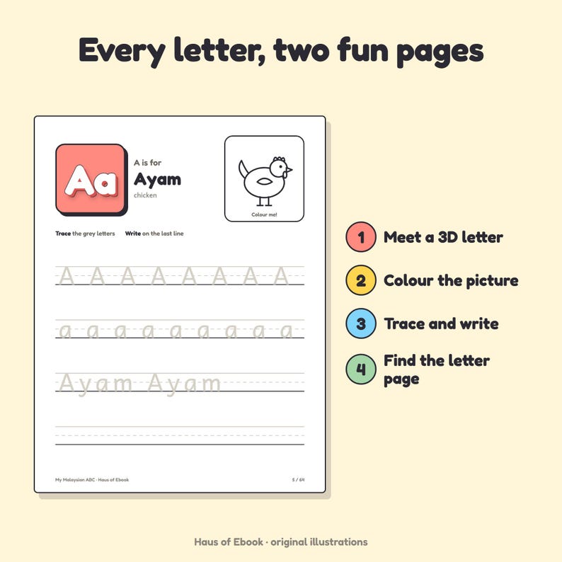 May include: A worksheet page titled Every letter, two fun pages featuring the letter A. It includes a 3D letter A, a chicken illustration, and lines for tracing and writing the word Ayam. Four numbered circles explain the activity steps.