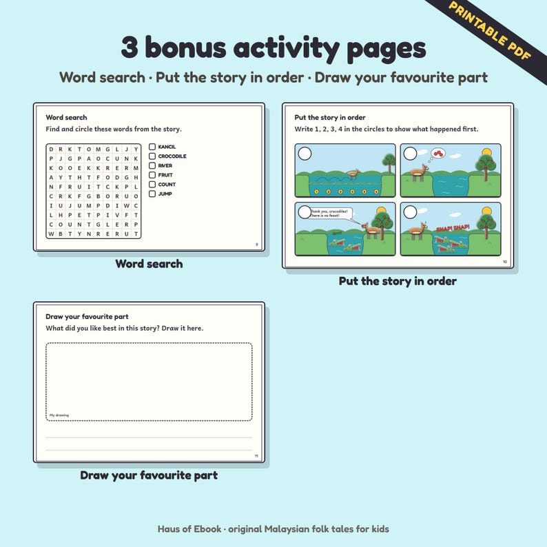 May include: Three printable activity pages featuring a word search with a list of words, a put the story in order section with four illustrated panels, and a draw your favorite part section with a blank rectangular box and lines for writing.