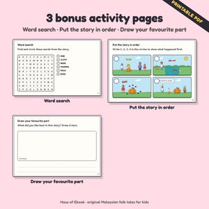 May include: Three printable activity pages featuring a word search with a letter grid, a put the story in order exercise with four comic-style panels, and a draw your favourite part page with a blank rectangular box and lines for writing.