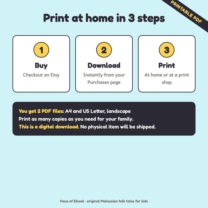 May include: A digital download instruction graphic with a light blue background. It features three white boxes labeled 1, 2, and 3, detailing the steps: Buy, Download, and Print. A dark rectangle below states: You get 2 PDF files: A4 and US Letter, landscape. Print as many copies as you need for your family. This is a digital download. No physical item will be shipped.