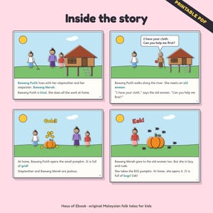 May include: A printable PDF document titled Inside the story featuring four illustrated panels of the Bawang Putih folk tale. Each panel contains cartoon characters, a house on stilts, a sun, and descriptive text in English detailing the narrative.