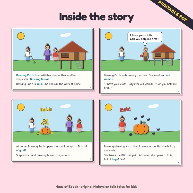 May include: A printable PDF document titled Inside the story featuring four illustrated panels of the Bawang Putih folk tale. Each panel contains cartoon characters, a house on stilts, a sun, and descriptive text in English detailing the narrative.