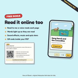 May include: A digital product display featuring a printable PDF of the story Sang Kancil and the Crocodiles. It includes a tablet interface showing the book cover, a QR code for online access, and a list of interactive features like read-to-me audio.