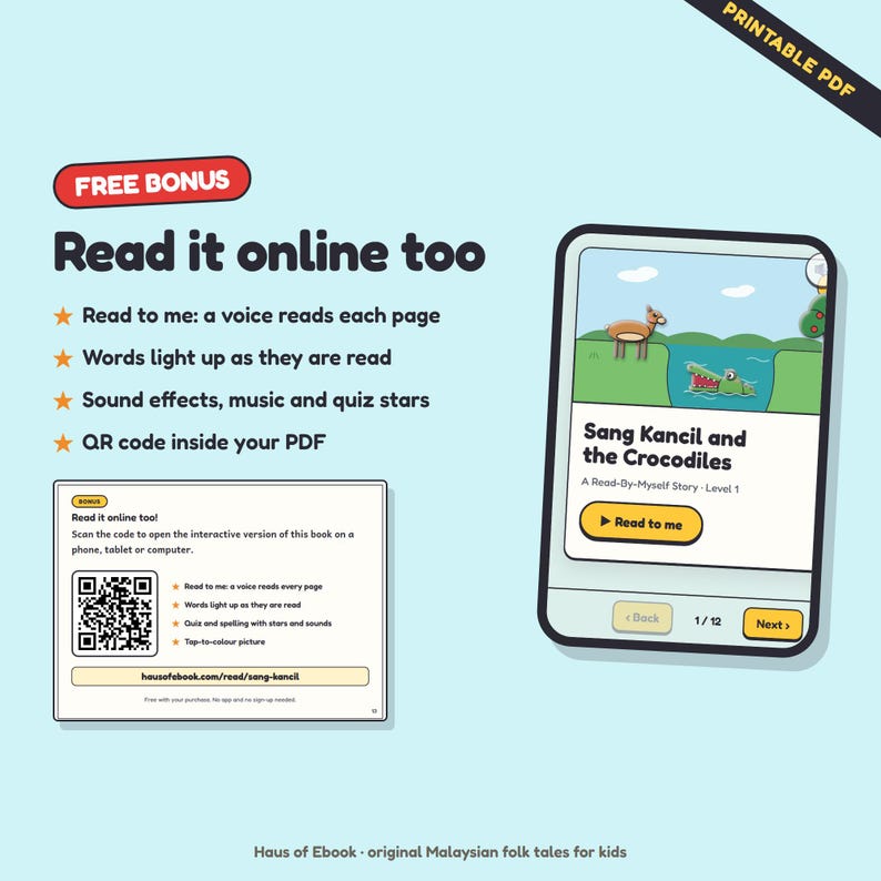 May include: A digital product display featuring a printable PDF of the story Sang Kancil and the Crocodiles. It includes a tablet interface showing the book cover, a QR code for online access, and a list of interactive features like read-to-me audio.