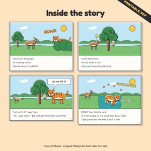 Puede incluir: Una p&aacute;gina PDF imprimible titulada Inside the story que presenta cuatro paneles ilustrados de un cuento popular. Los paneles muestran un tigre y un ciervo rat&oacute;n de dibujos animados en la selva con globos de texto y leyendas narrativas.