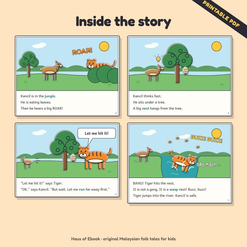 Puede incluir: Una p&aacute;gina PDF imprimible titulada Inside the story que presenta cuatro paneles ilustrados de un cuento popular. Los paneles muestran un tigre y un ciervo rat&oacute;n de dibujos animados en la selva con globos de texto y leyendas narrativas.