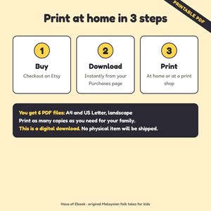 May include: A digital download instruction graphic with a light yellow background. It features three white boxes labeled 1, 2, and 3 for Buy, Download, and Print. A dark rectangle below states: You get 6 PDF files: A4 and US Letter, landscape.