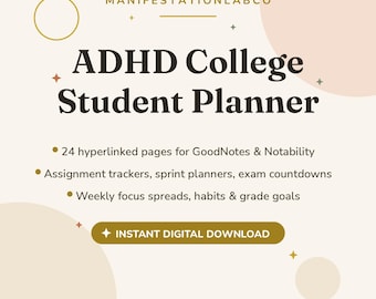 ADHD College Planner, Digital Planner for College Students, Study Planner for GoodNotes, Assignment Tracker Hyperlinked PDF