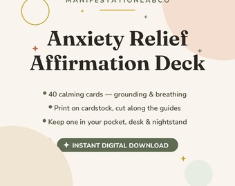 Anxiety Relief Affirmation Deck Printable, 40 Calming Anxiety Cards with Cut Guides, Grounding Breathing Self Compassion Cards