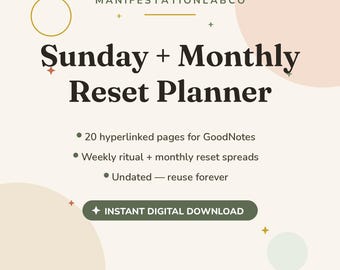 Sunday Reset Planner ADHD, Hyperlinked Monthly Reset Planner, Digital Planner for GoodNotes, Weekly Reset Routine Planner