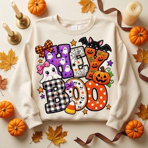 Hey Boo PNG, letras de patchwork de fantasmas de Halloween, diseño de sublimación espeluznante, descarga digital