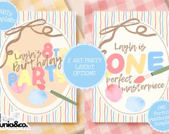 Peut inclure: Deux modèles d'invitation rectangulaires avec des rayures verticales aux couleurs pastel. Le design de gauche indique Layla's 8th Birthday Party, et celui de droite Layla is ONE perfect masterpiece. Les deux incluent un pinceau.