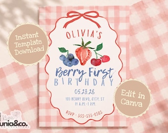 Peut inclure: Une carte d'invitation rectangulaire avec un fond à carreaux vichy rose et blanc. Le centre présente un cadre festonné avec un nœud rouge, des illustrations aquarelles de myrtilles, une fraise et des cerises, et le texte Olivia's Berry First Birthday.