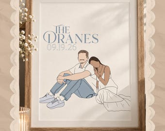 Peut inclure: Une illustration au trait encadrée représentant un couple assis ensemble, avec le texte THE DRANES et la date 09.19.26 imprimés au-dessus. L'œuvre est présentée dans un cadre en bois, affichant une esthétique minimaliste aux tons bleus et neutres.
