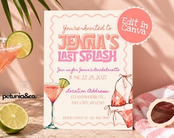 Peut inclure: Une carte d'invitation rectangulaire avec une bordure rose ondulée présentant le texte You're Invited to JENNA'S LAST SPLASH, Join us for Jenna's Bachelorette, JUNE 22-25, 2027, Location Address: 123 ANYWHERE ST., ANY CITY, ST 12345, KINDLY RSVP AT 123-456-7890.