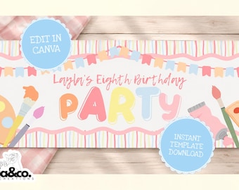 Peut inclure: Une bannière rectangulaire avec un fond à rayures pastel et une bordure festonnée rose. Elle affiche le texte Layla's Eighth Birthday PARTY, une guirlande, une palette de peinture, des pinceaux, un tube de peinture et une boîte d'aquarelle.