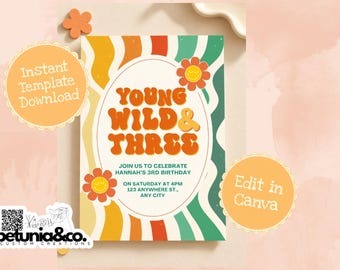 Peut inclure: Un modèle d'invitation d'anniversaire rectangulaire avec des rayures verticales ondulées jaunes, orange, rouges et vertes. Le texte indique YOUNG WILD & THREE, JOIN US TO CELEBRATE HANNAH'S 3RD BIRTHDAY, ON SATURDAY AT 4PM, 123 ANYWHERE ST., ANY CITY, avec des fleurs.