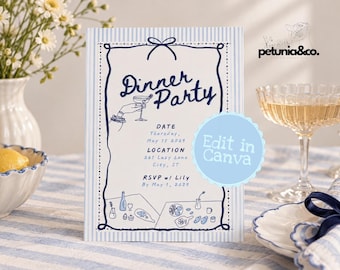 Peut inclure: Une carte d'invitation rectangulaire pour un dîner avec une bordure à rayures bleu clair et des illustrations au trait bleu foncé. Le texte indique Dinner Party, Date, Location et RSVP w/ Lily. Un autocollant bleu clair dit Edit in Canva.