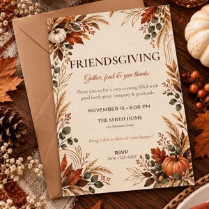 May include: A rectangular Friendsgiving invitation card featuring autumn-themed illustrations of pumpkins, dried leaves, and pampas grass. The text reads: FRIENDSGIVING, Gather, feast & give thanks, Please join us for a cosy evening, NOVEMBER 15, THE SMITH HOME, 123 Autumn Lane, Bring a dish to share & come hungry!, RSVP Jane 123-4567.