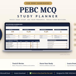 May include: A digital PEBC MCQ study planner displayed on a laptop screen, featuring a readiness dashboard with 282 preloaded study topics. The interface includes sections for tracking MCQ scores, confidence levels, and competency progress in a clean, organised layout.