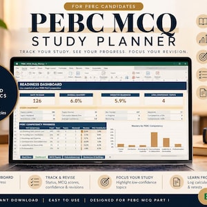 May include: A digital PEBC MCQ study planner displayed on a laptop screen, featuring a readiness dashboard with progress charts, 282 preloaded study topics, and sections for tracking MCQ scores, confidence levels, and calculation errors in Excel.