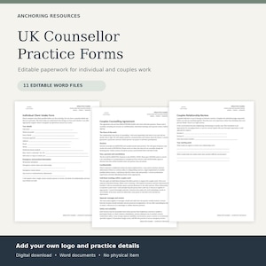 May include: A set of 11 editable Word documents titled UK Counsellor Practice Forms, featuring an Individual Client Intake Form, a Couples Counselling Agreement, and a Couples Relationship Review, designed for individual and couples therapy practice.