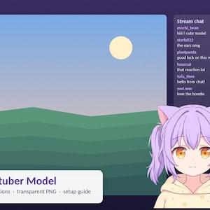 May include: A digital PNGtuber model featuring an anime-style character with light purple hair, cat ears, and orange eyes, wearing a cream hoodie. The display includes a live stream interface with a chat box and a landscape background.