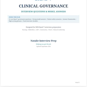 May include: A digital document titled Band 7 Clinical Governance Interview Questions & Model Answers by Natalie Interview Prep. The text includes sections on patient-safety scenarios, answer frameworks, and a final interview checklist for NHS roles.