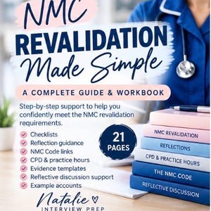 Może przedstawiać: 21-stronicowy przewodnik i zeszyt ćwiczeń NMC Revalidation Made Simple ze stosem kolorowych książek z etykietami NMC Revalidation, Reflections, CPD & Practice Hours, The NMC Code i Reflective Discussion oraz tekstem dotyczącym list kontrolnych.