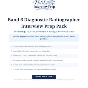 Peut inclure: Un guide numérique de 16 pages intitulé Natalie Interview Prep Band 6 Diagnostic Radiographer Interview Prep Pack. Il contient des conseils sur le leadership, l'IR(ME)R et des scénarios pour radiographes, avec 24 questions d'entretien.